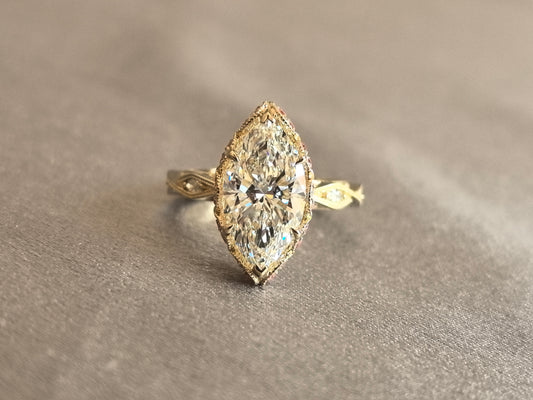 Juno Diamond MA-077 | Marquise Lab-Grown Diamond Vintage Ring With Leaf-Engraved Shank And Pink Micro-Pavé Halo Ring
