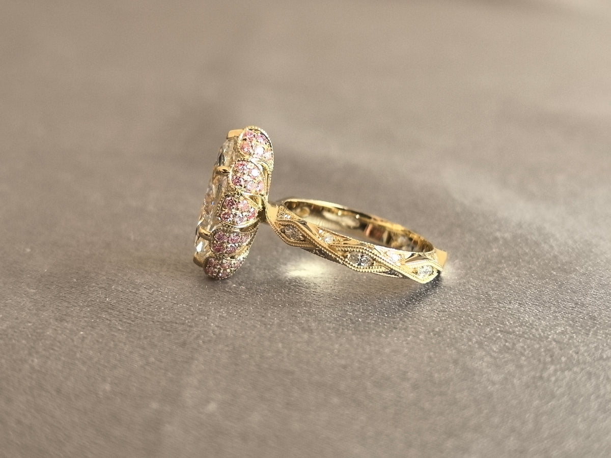 Juno Diamond MA-077 | Marquise Lab-Grown Diamond Vintage Ring With Leaf-Engraved Shank And Pink Micro-Pavé Halo Ring