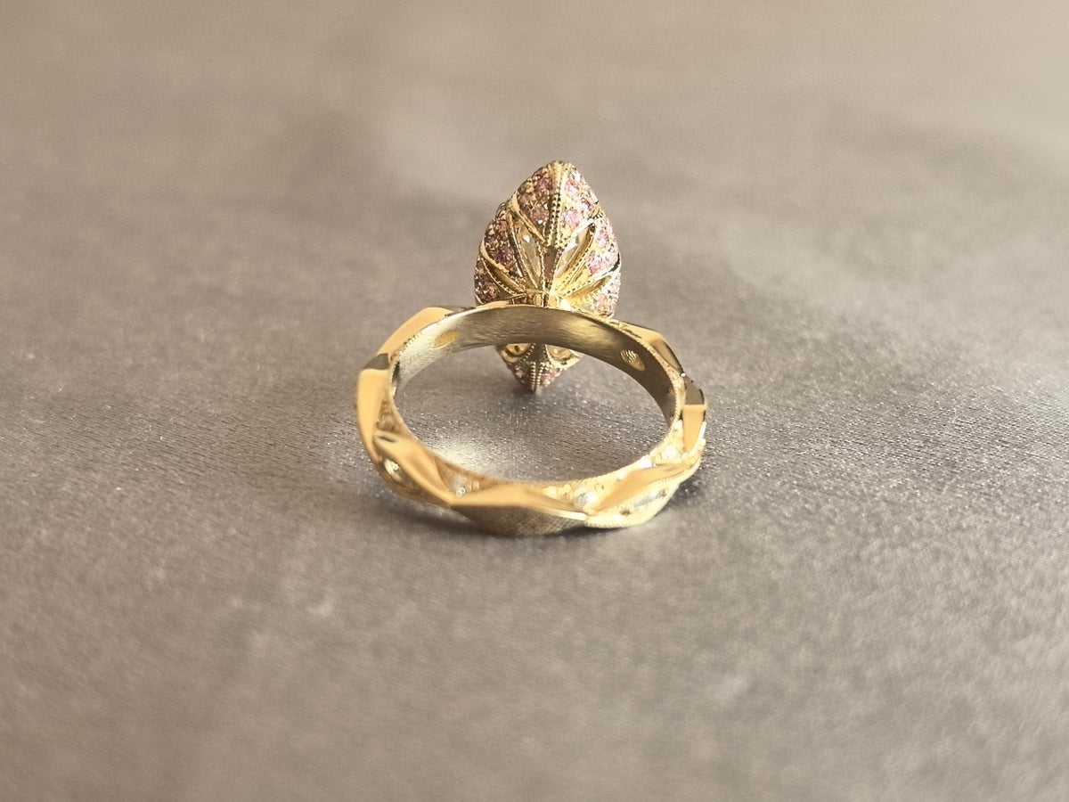Juno Diamond MA-077 | Marquise Lab-Grown Diamond Vintage Ring With Leaf-Engraved Shank And Pink Micro-Pavé Halo Ring