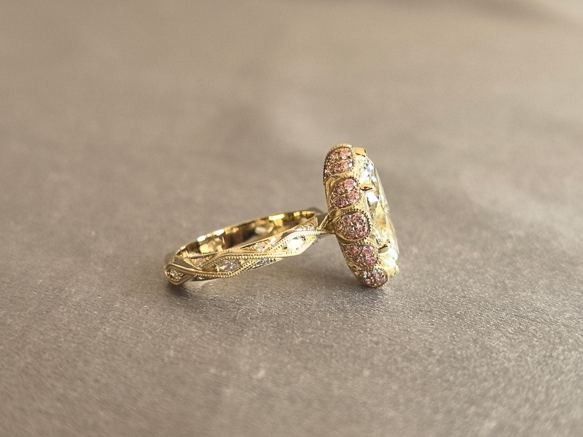 Juno Diamond MA-077 | Marquise Lab-Grown Diamond Vintage Ring With Leaf-Engraved Shank And Pink Micro-Pavé Halo Ring