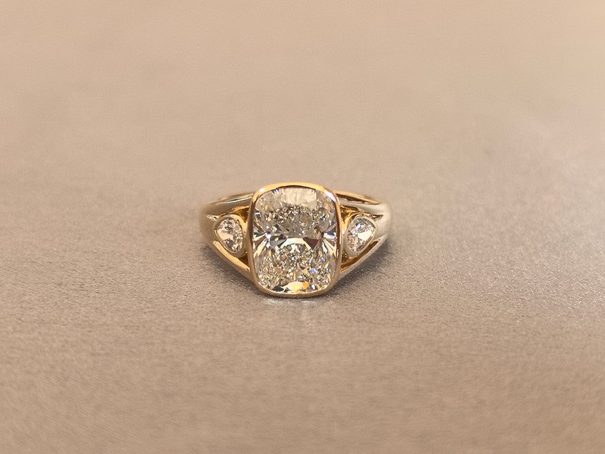 Juno Diamond CU-026 | Vintage Cushion Lab-Grown Diamond Three-Stone Ring in Yellow Gold with Full Bezel Setting Ring