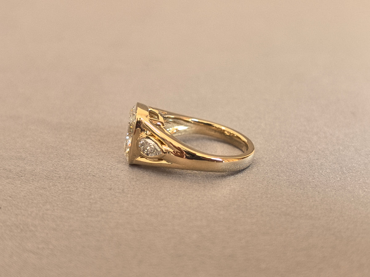 Juno Diamond CU-026 | Vintage Cushion Lab-Grown Diamond Three-Stone Ring in Yellow Gold with Full Bezel Setting Ring