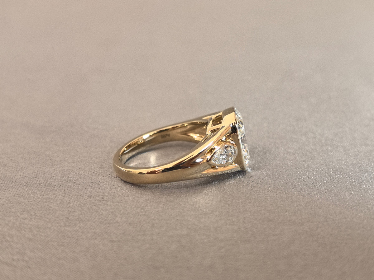 Juno Diamond CU-026 | Vintage Cushion Lab-Grown Diamond Three-Stone Ring in Yellow Gold with Full Bezel Setting Ring