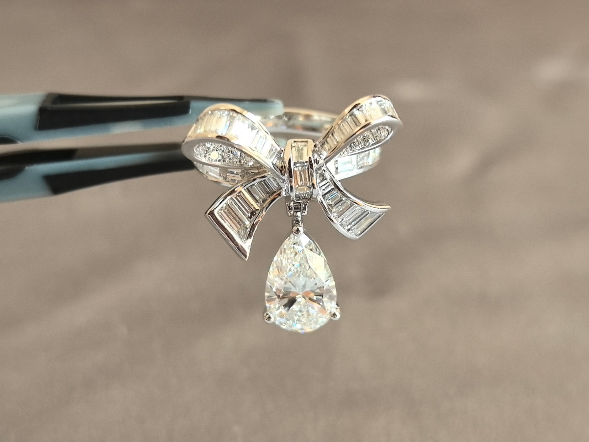 Juno Diamond PE-051 | 2.5 Carat Pear-Cut Lab-Grown Diamond Baguette Bow Halo Ring Ring