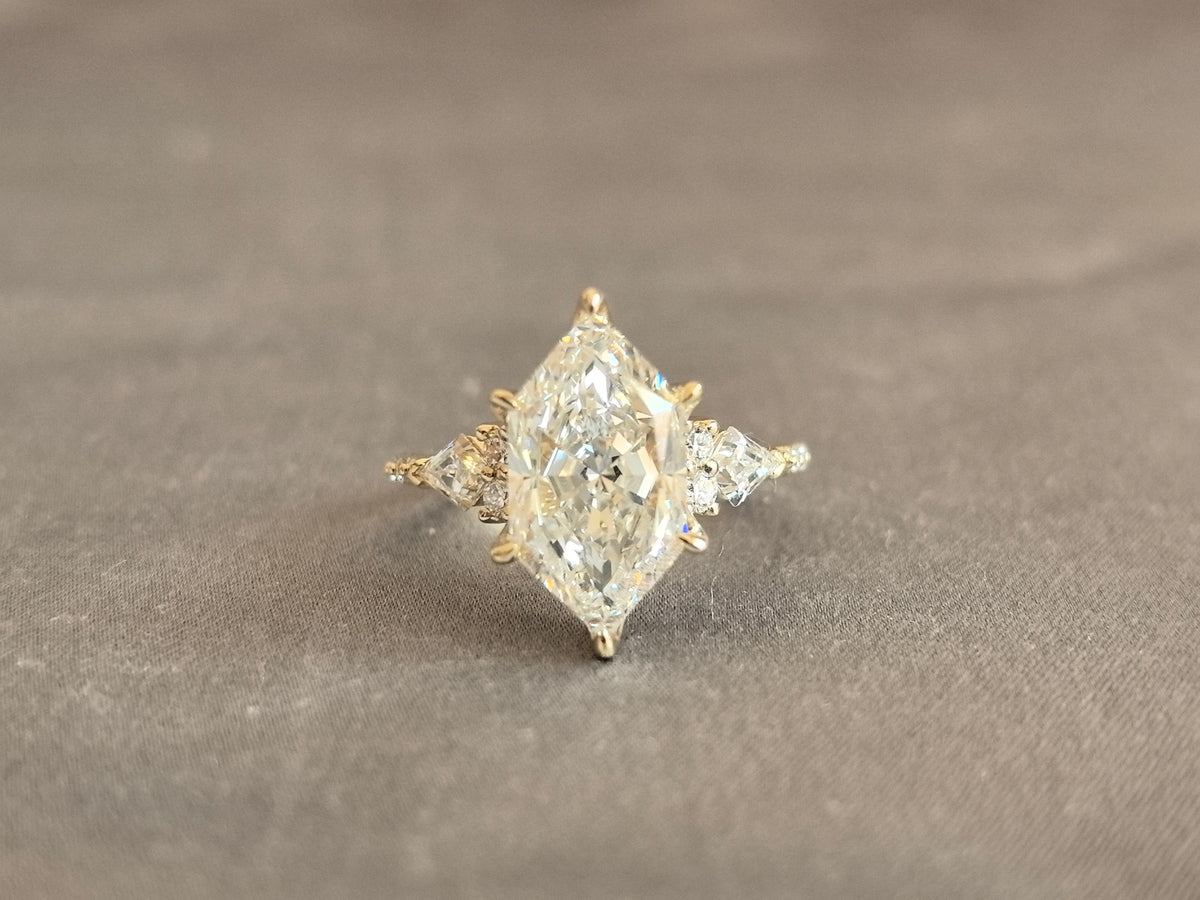 Juno Diamond MX-034 | Marquise Mixed-Cut Lab-Grown Diamond Ring with Hidden Halo Pink Sapphire Accents in Sculptural Wave Design Ring