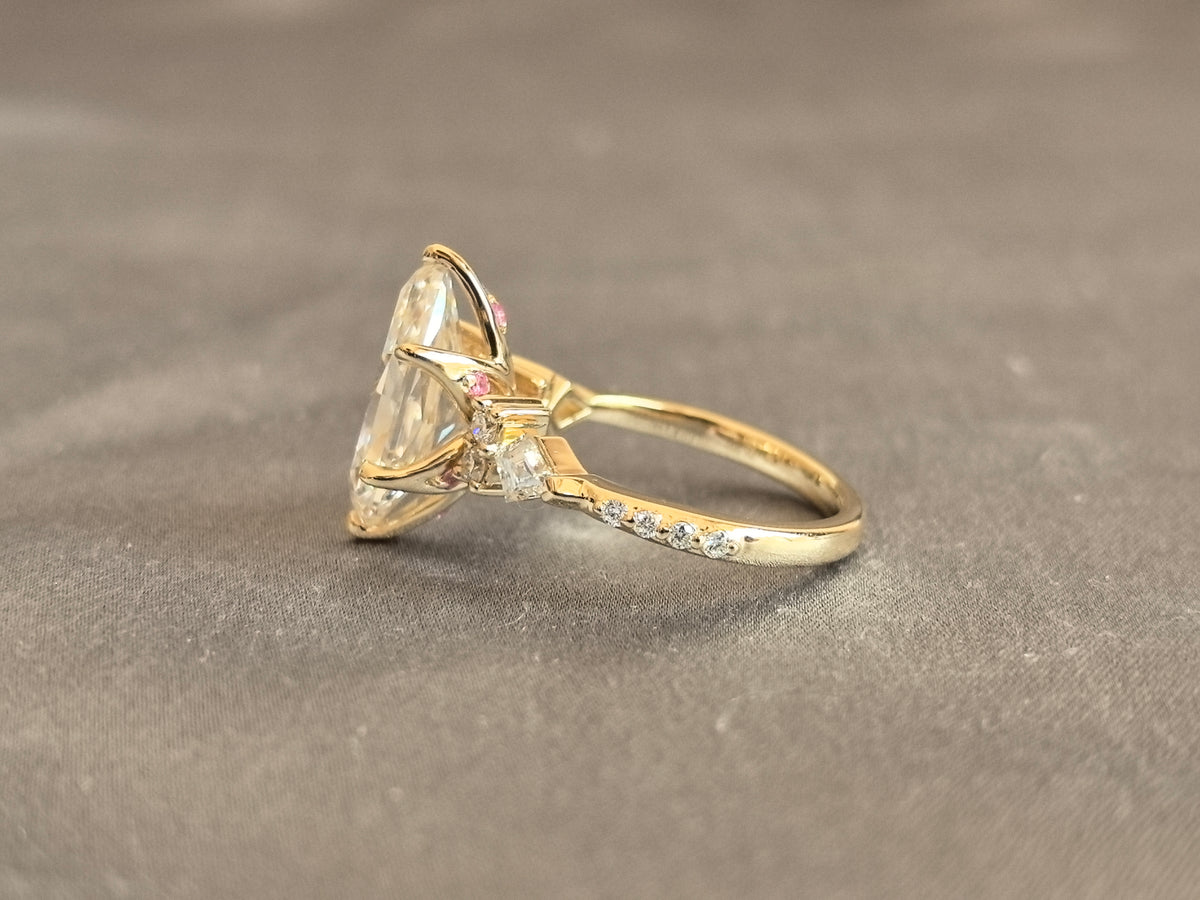 Juno Diamond MX-034 | Marquise Mixed-Cut Lab-Grown Diamond Ring with Hidden Halo Pink Sapphire Accents in Sculptural Wave Design Ring