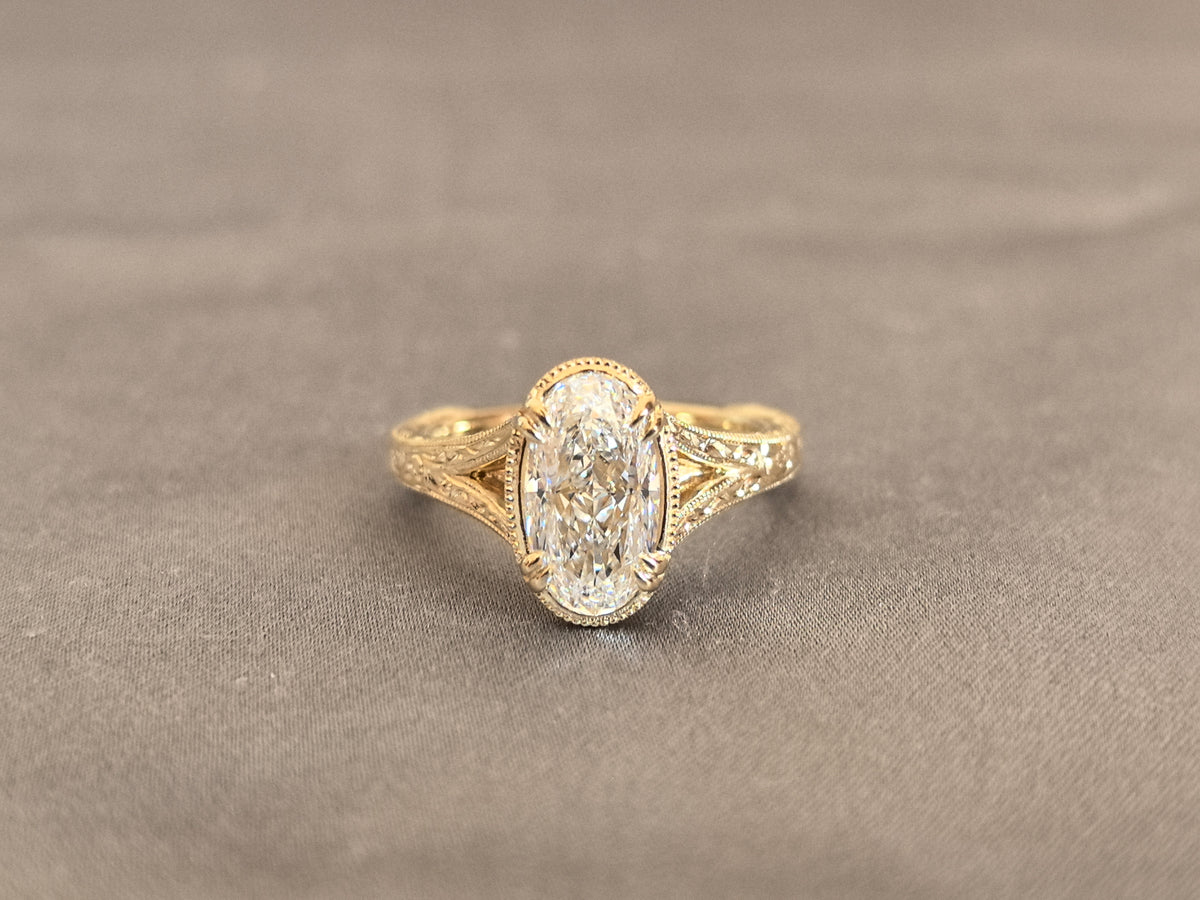 Juno Diamond OV-091 | 3 Carat Oval Lab-Grown Diamond Vintage Bezel Ring with Intricate Engraved Filigree Ring