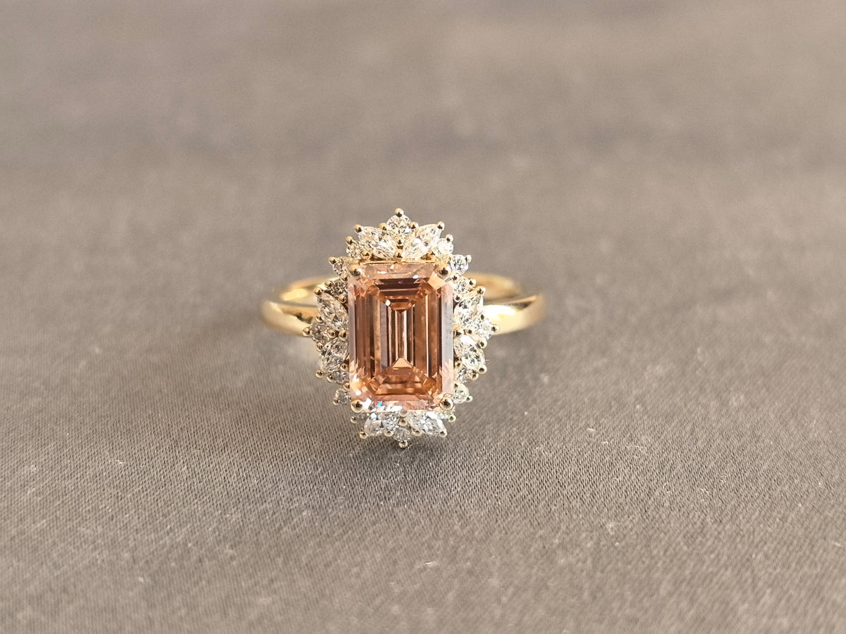 Juno Diamond EM-035 | 2.5 Carat Champagne Emerald-Cut Lab-Grown Diamond Ring with Double Diamond Frame Ring