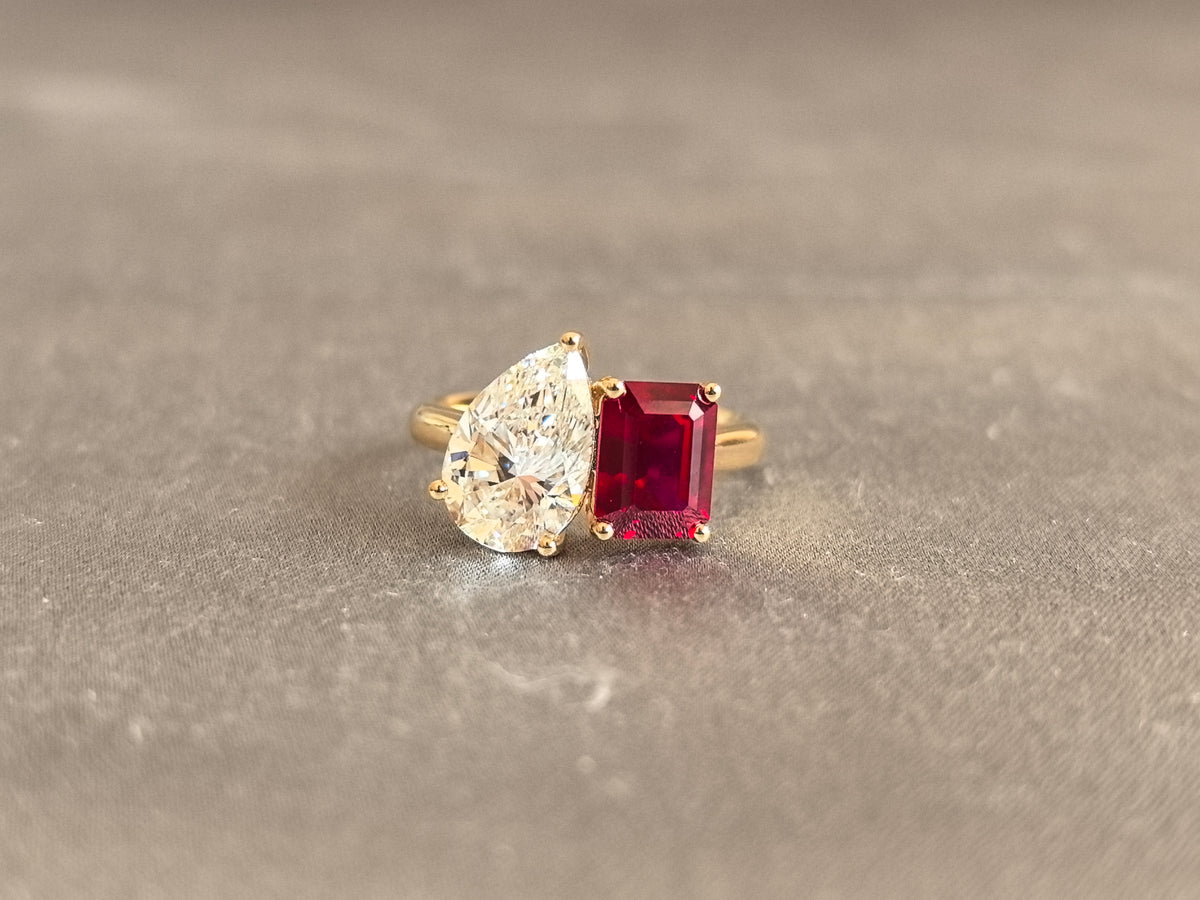 Juno Diamond MX-040 | 2 Carat Pear Lab-Grown Diamond and 2 Carat Emerald-Cut Red Gem Double Stone Ring in Yellow Gold Ring