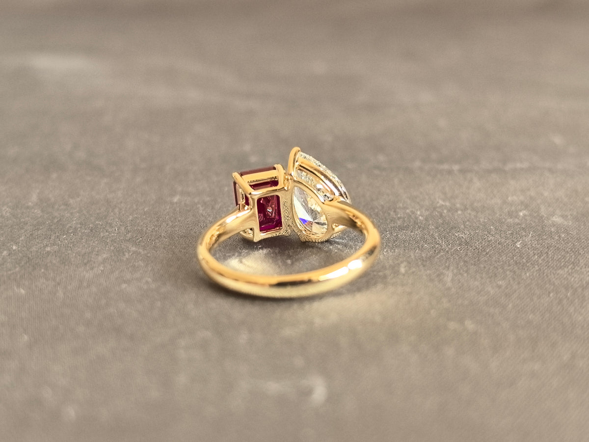 Juno Diamond MX-040 | 2 Carat Pear Lab-Grown Diamond and 2 Carat Emerald-Cut Red Gem Double Stone Ring in Yellow Gold Ring