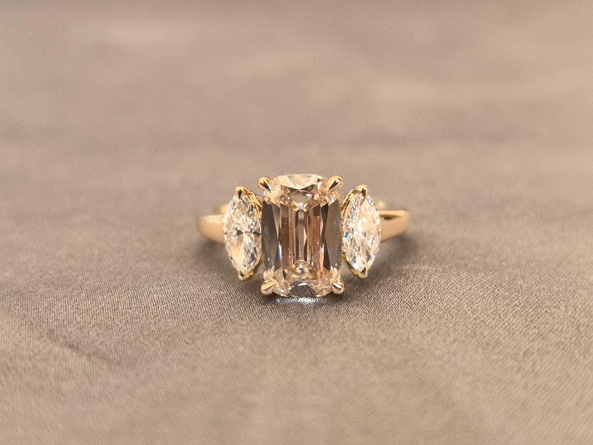 Juno Diamond EM-036 | 2 Carat Champagne Emerald-Cut Lab-Grown Diamond Three-Stone Ring with Leaf Gallery Ring