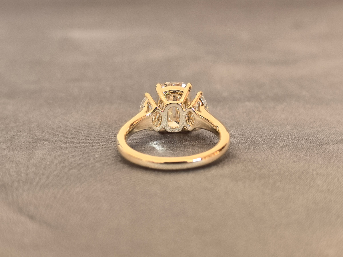 Juno Diamond EM-036 | 2 Carat Champagne Emerald-Cut Lab-Grown Diamond Three-Stone Ring with Leaf Gallery Ring