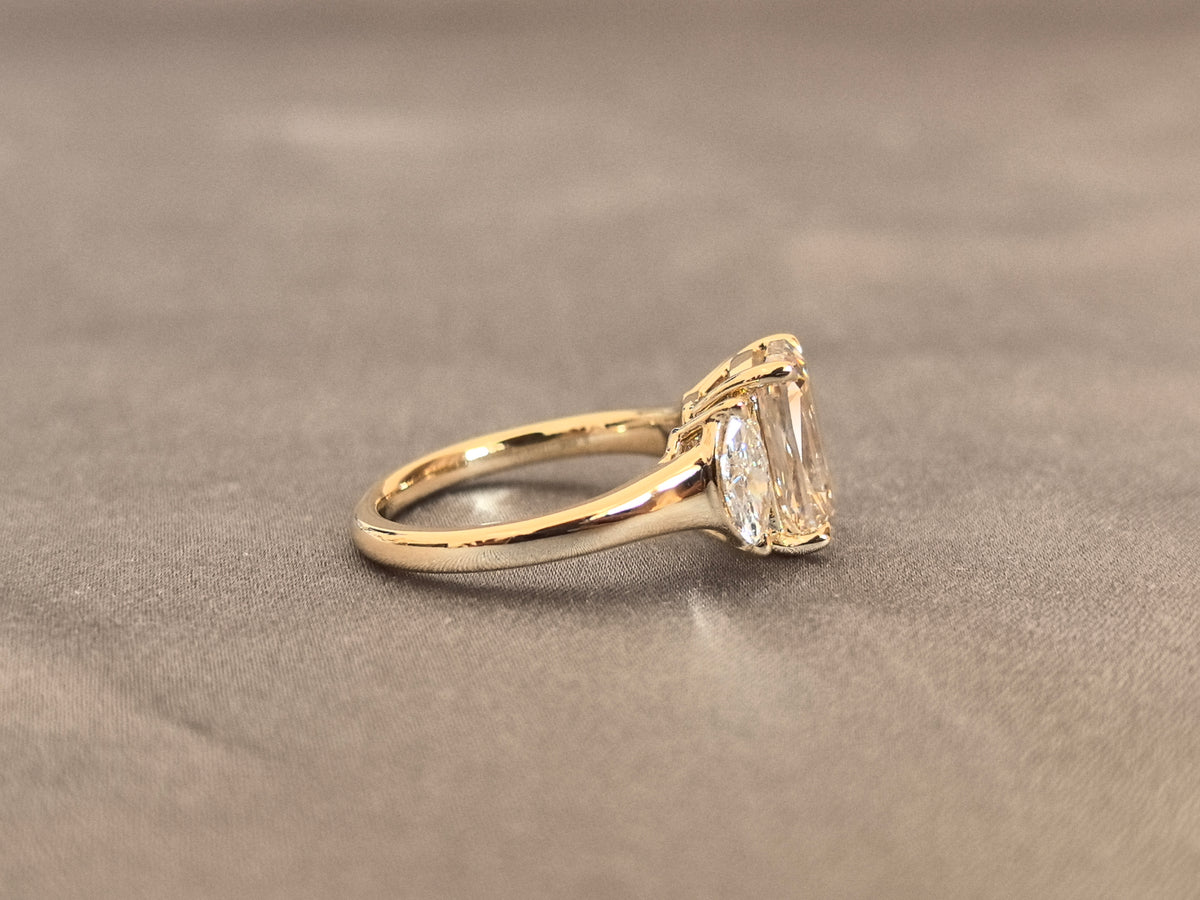 Juno Diamond EM-036 | 2 Carat Champagne Emerald-Cut Lab-Grown Diamond Three-Stone Ring with Leaf Gallery Ring