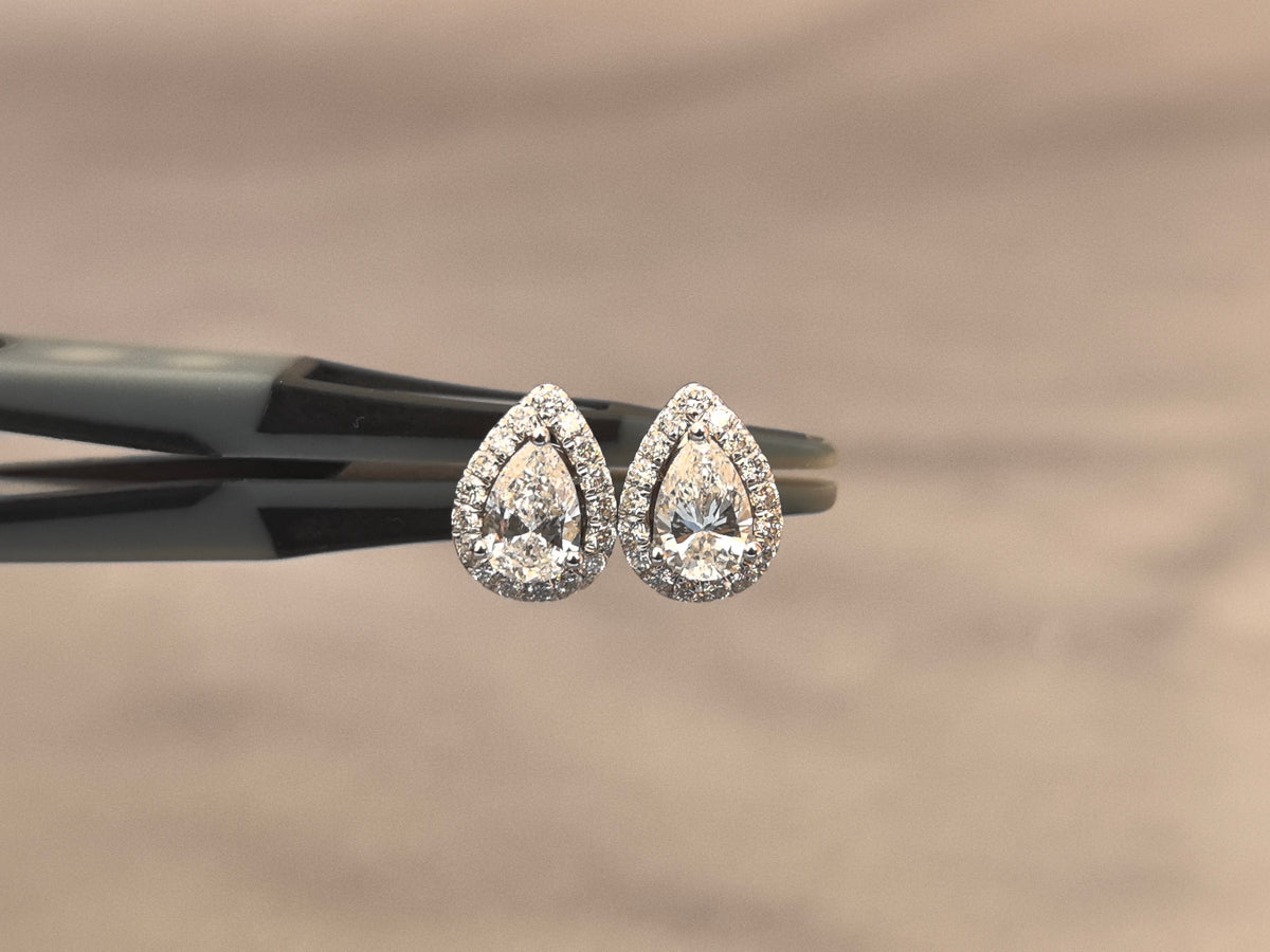 Juno Diamond E-060 | 0.5 Carat Pear-Cut Lab-Grown Diamond Halo Stud Earrings with Open Baskets Earrings