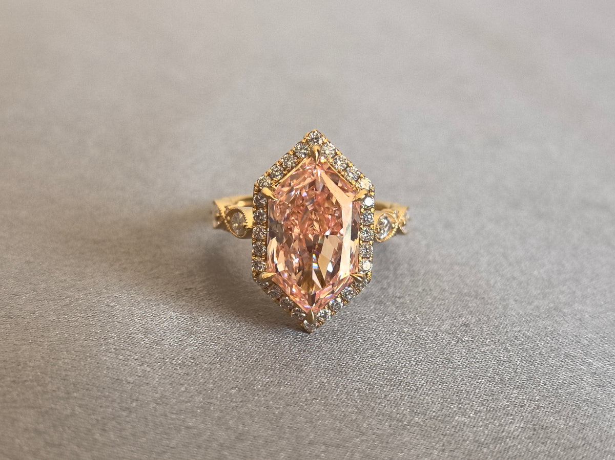 Juno Diamond MX-038 | 5 Carat Pink Hexagonal-Cut Lab-Grown Diamond Halo Ring with Marquise Accented Band Ring