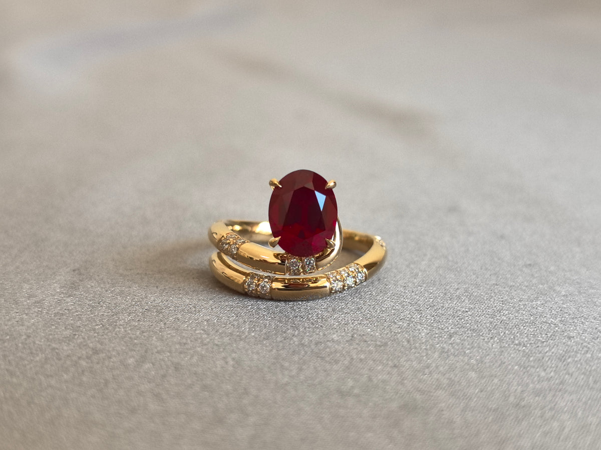 Juno Diamond OV-094 | 3 Carat Oval Ruby Bypass Ring with Lab-Grown Diamond Cluster Accents Ring