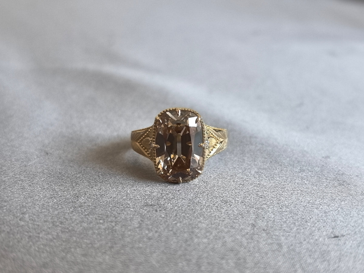 Juno Diamond EM-037 | 3 Carat Light Brown Emerald-Cut Lab-Grown Diamond Vintage Ring with Chevron-Etched Shoulders Ring