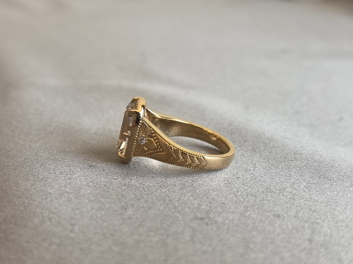 Juno Diamond EM-037 | 3 Carat Light Brown Emerald-Cut Lab-Grown Diamond Vintage Ring with Chevron-Etched Shoulders Ring