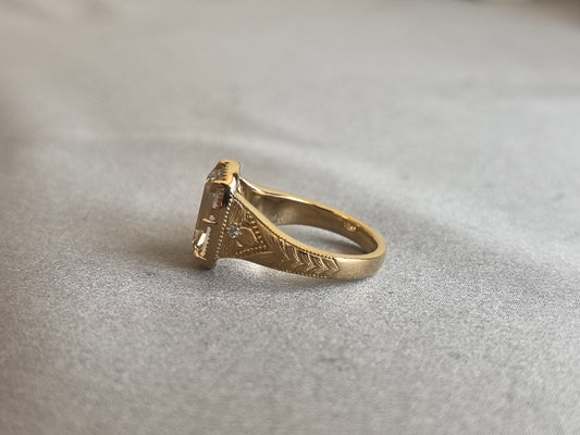 Juno Diamond EM-037 | 3 Carat Light Brown Emerald-Cut Lab-Grown Diamond Vintage Ring with Chevron-Etched Shoulders Ring