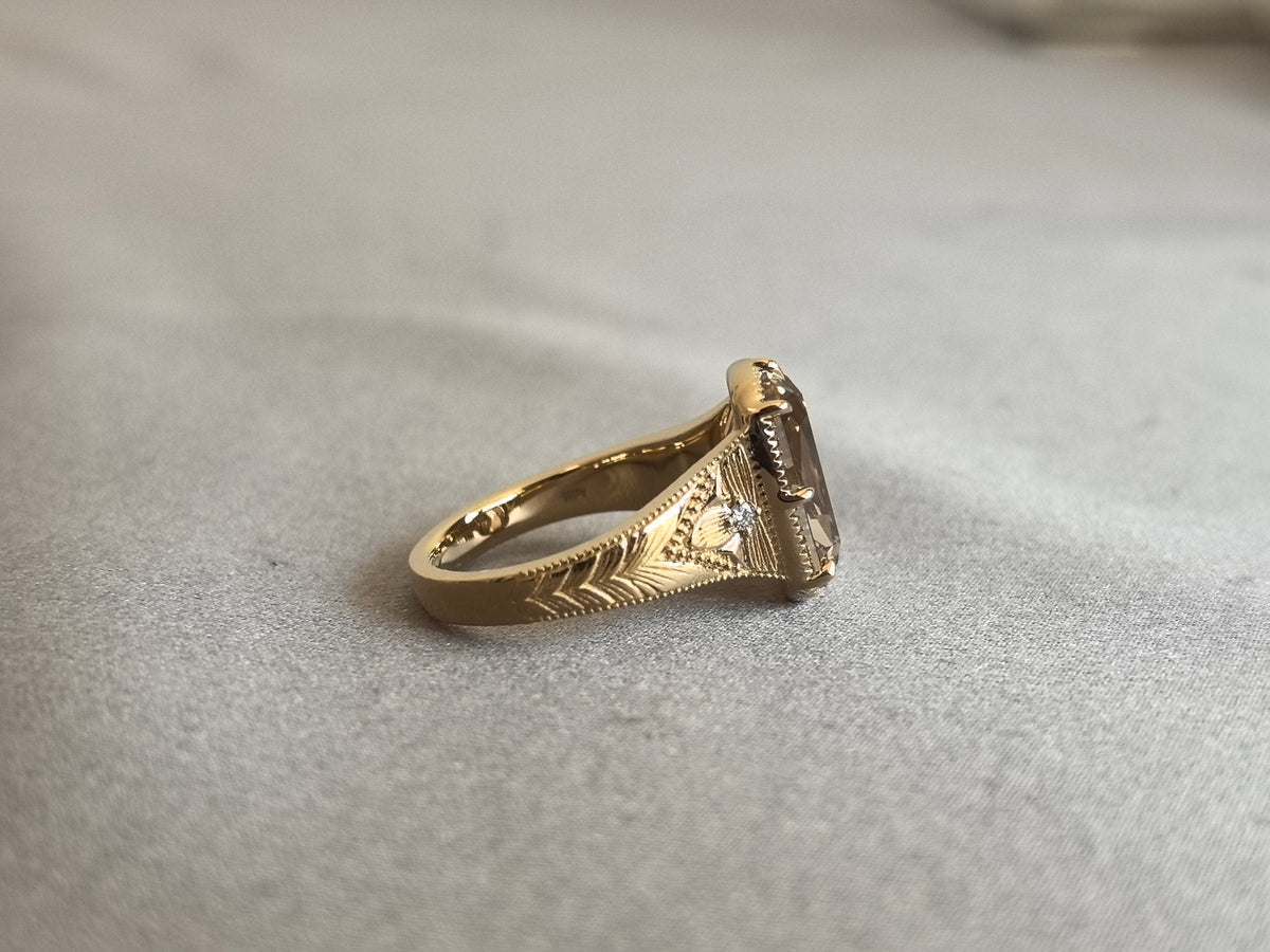 Juno Diamond EM-037 | 3 Carat Light Brown Emerald-Cut Lab-Grown Diamond Vintage Ring with Chevron-Etched Shoulders Ring