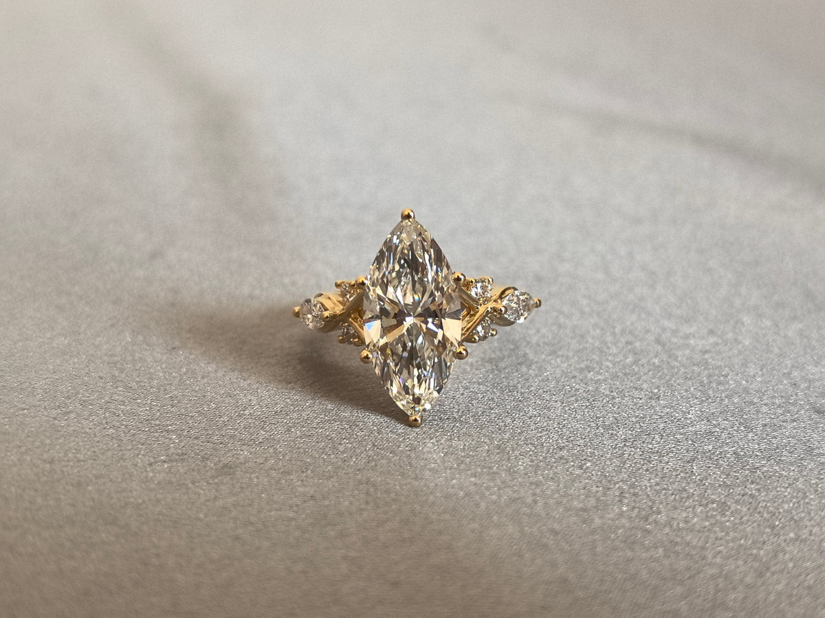 Juno Diamond MX-044 | 4 Carat Pear-Shaped Lab-Grown Diamond Tapered Marquise Shoulder Ring in Yellow Gold Ring
