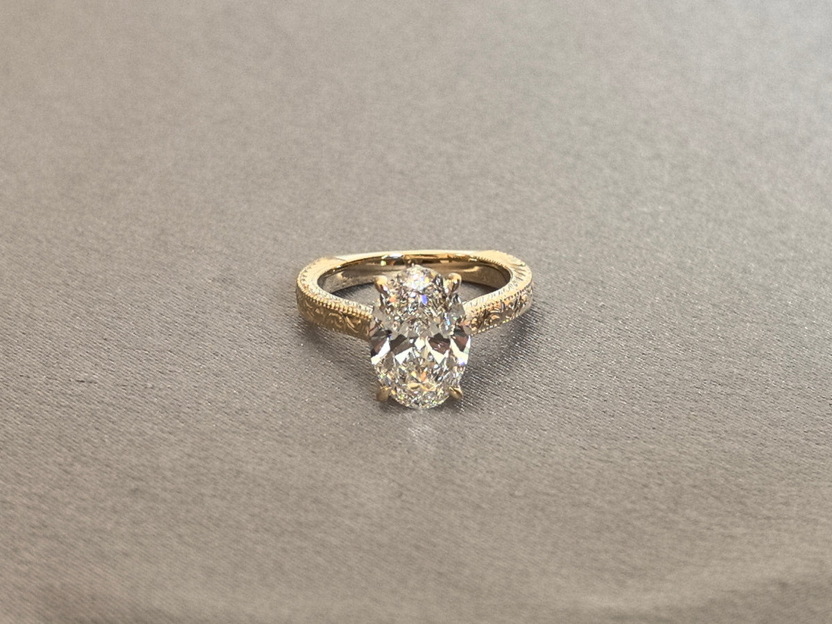 Juno Diamond OV-096 | 2.5 Carat Oval Lab-Grown Diamond Ring with Engraved Split Shoulders and Milgrain Edges Ring