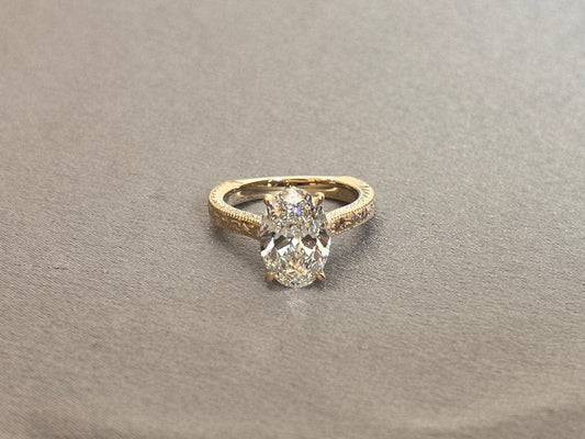 Juno Diamond OV-096 | 2.5 Carat Oval Lab-Grown Diamond Ring with Engraved Split Shoulders and Milgrain Edges Ring