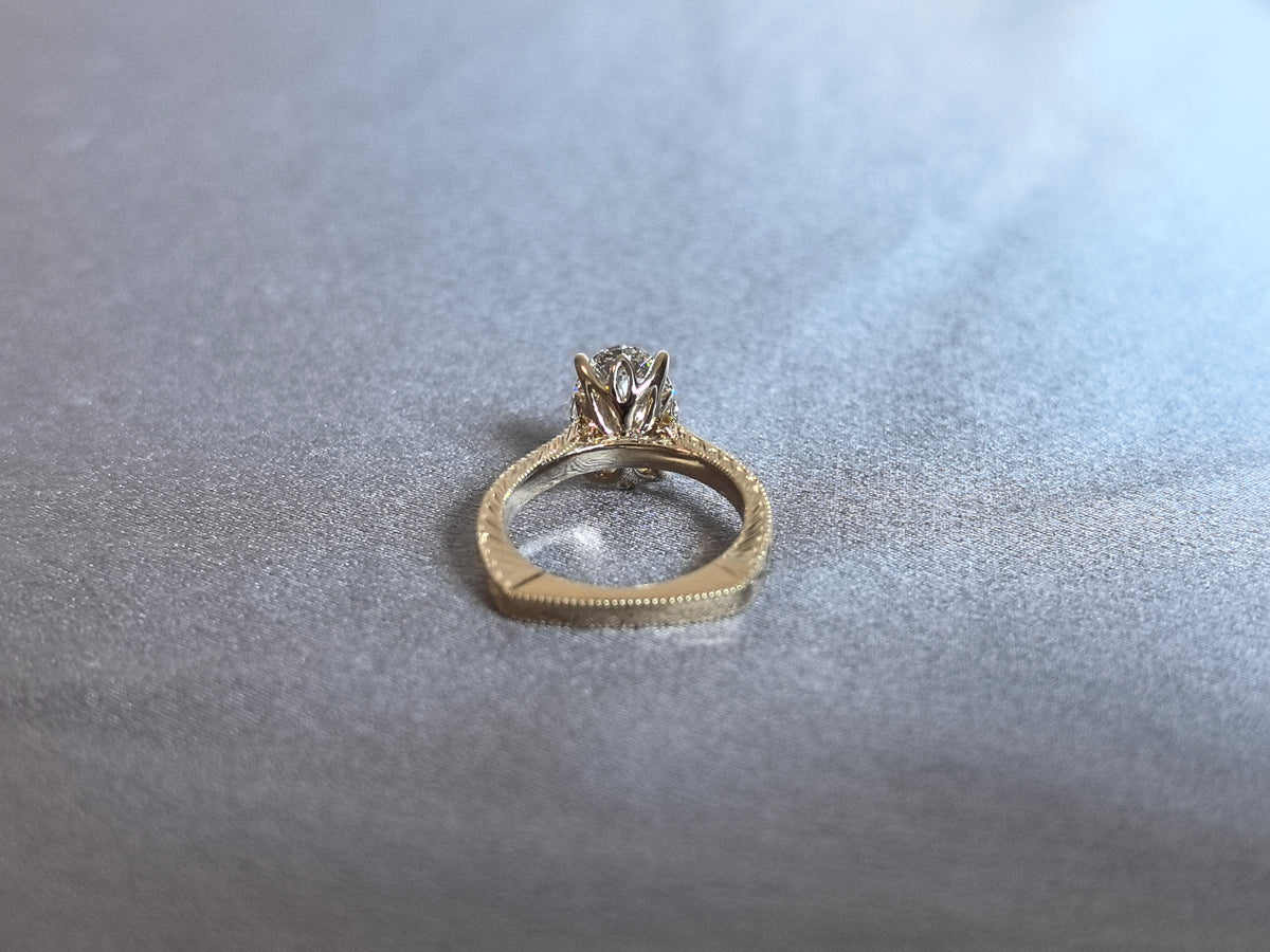 Juno Diamond OV-096 | 2.5 Carat Oval Lab-Grown Diamond Ring with Engraved Split Shoulders and Milgrain Edges Ring