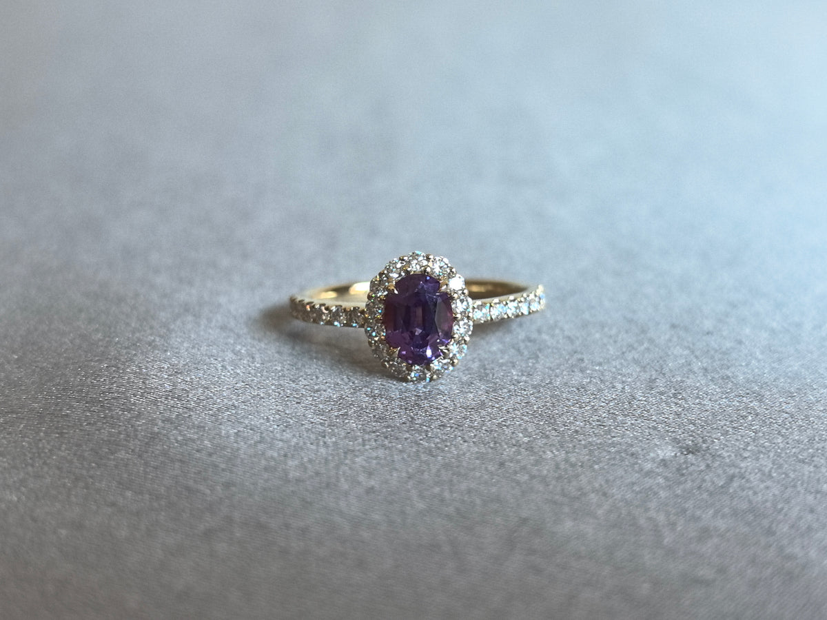 Juno Diamond OV-098 | Purple Oval-Cut Sapphire Diamond Halo and Pavé Band Ring Ring