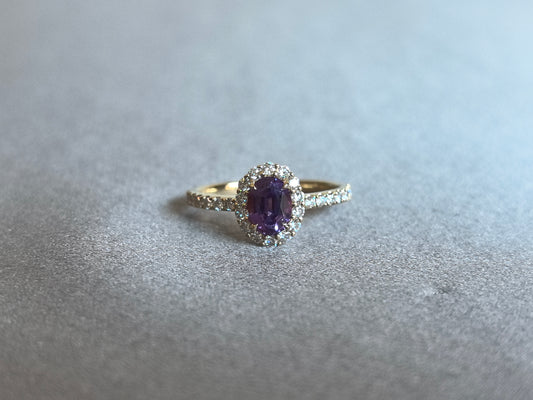 Juno Diamond OV-098 | Purple Oval-Cut Sapphire Diamond Halo and Pavé Band Ring Ring