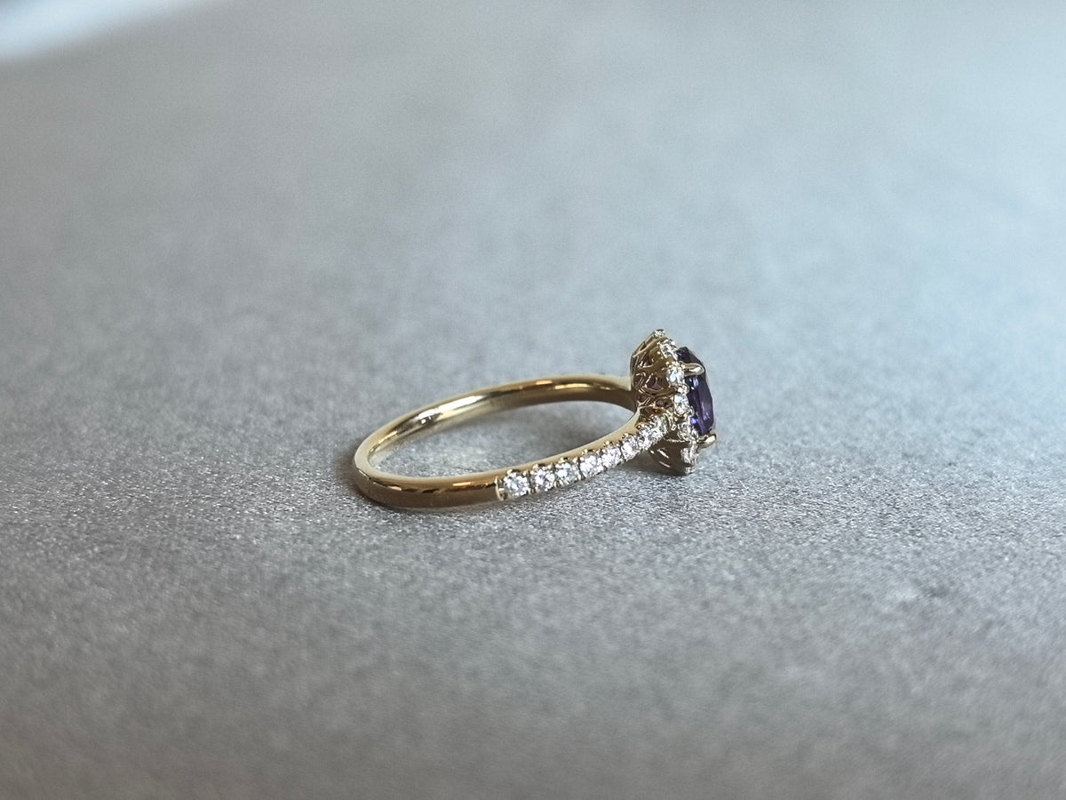 Juno Diamond OV-098 | Purple Oval-Cut Sapphire Diamond Halo and Pavé Band Ring Ring