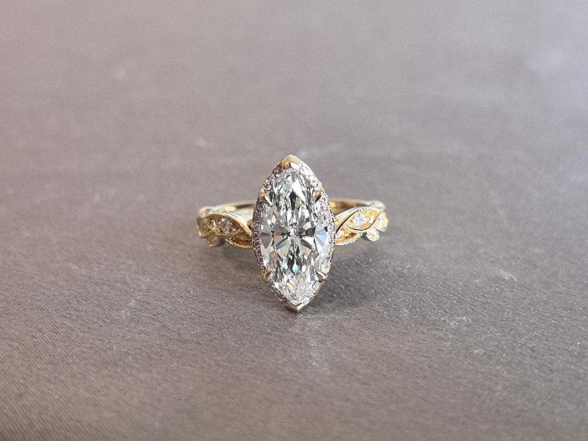 Juno Diamond MA-091 | 3 Carat Marquise-Cut Lab-Grown Diamond Leaf-Shoulder Halo Ring Ring