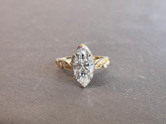 Juno Diamond MA-091 | 3 Carat Marquise-Cut Lab-Grown Diamond Leaf-Shoulder Halo Ring Ring