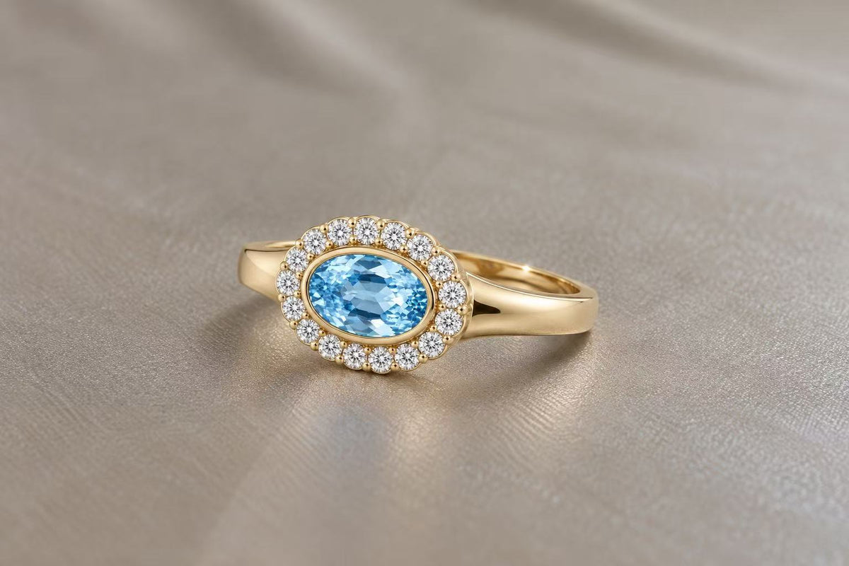 Juno Diamond OV-067 | 1 Carat Blue Oval-Cut Lab-Grown Diamond Halo Ring Ring