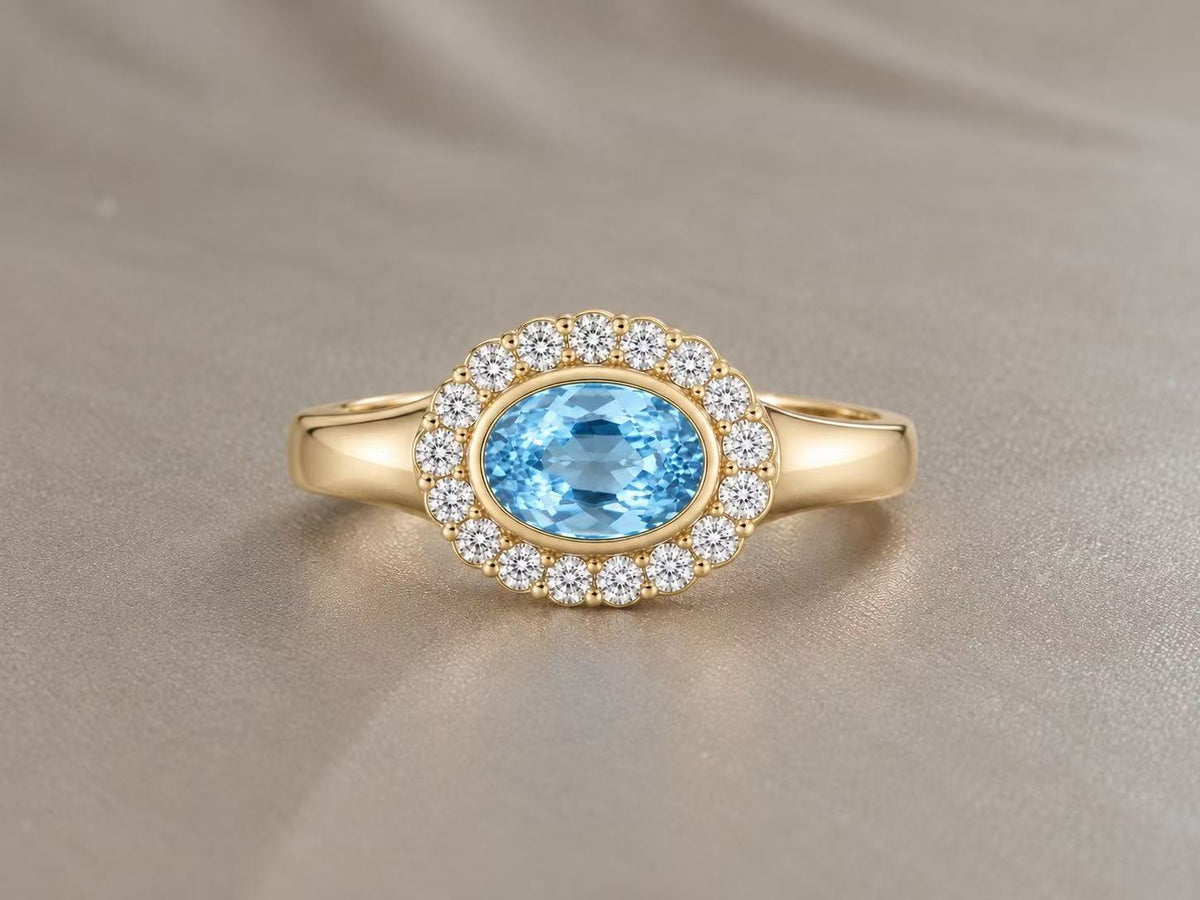 Juno Diamond OV-067 | 1 Carat Blue Oval-Cut Lab-Grown Diamond Halo Ring Ring