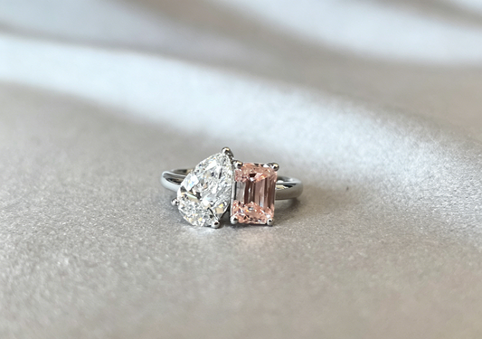 PE-008|Pear-cut and emerald-cut lab diamond ring|Secure prong-set|Two-tone pink diamond statement ring