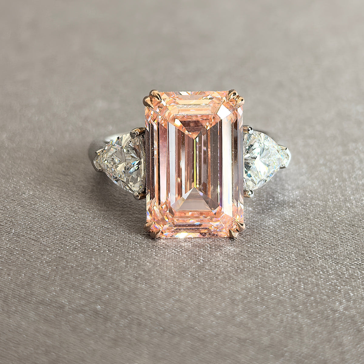 Juno Diamond EM-014 | Pink-Orange Emerald-Cut Lab-Grown Diamond Three-Stone Ring With Trillion Side Diamonds
