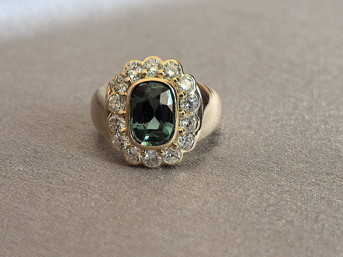 Juno Diamond CU-011 | 1 Carat Green Cushion-Cut Lab-Grown Diamond 13-Stone Full Bezel Setting Halo Ring