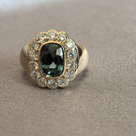 Juno Diamond CU-034 | 1 Carat Green Cushion-Cut Lab-Grown Diamond 13-Stone Full Bezel Setting Halo Ring
