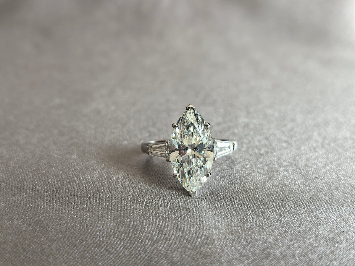 Juno Diamond MA-056 | 2 Carat Marquise-Cut Lab-Grown Diamond Three-Stone Ring With Tapered Step-Cut Side Stones