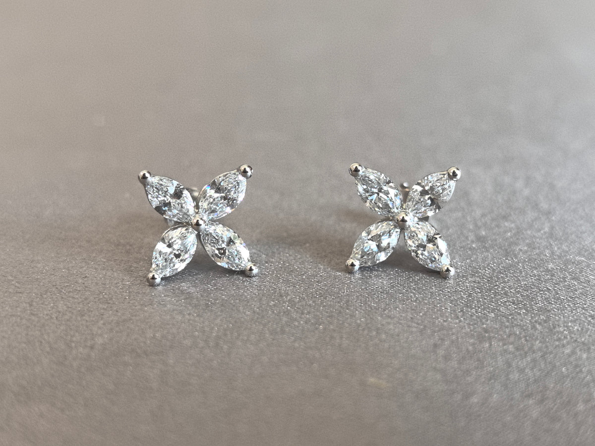 Juno Diamond E-049 | Four-Marquise-Cut Petal Cluster Lab-Grown Diamond Stud Earrings In White Gold