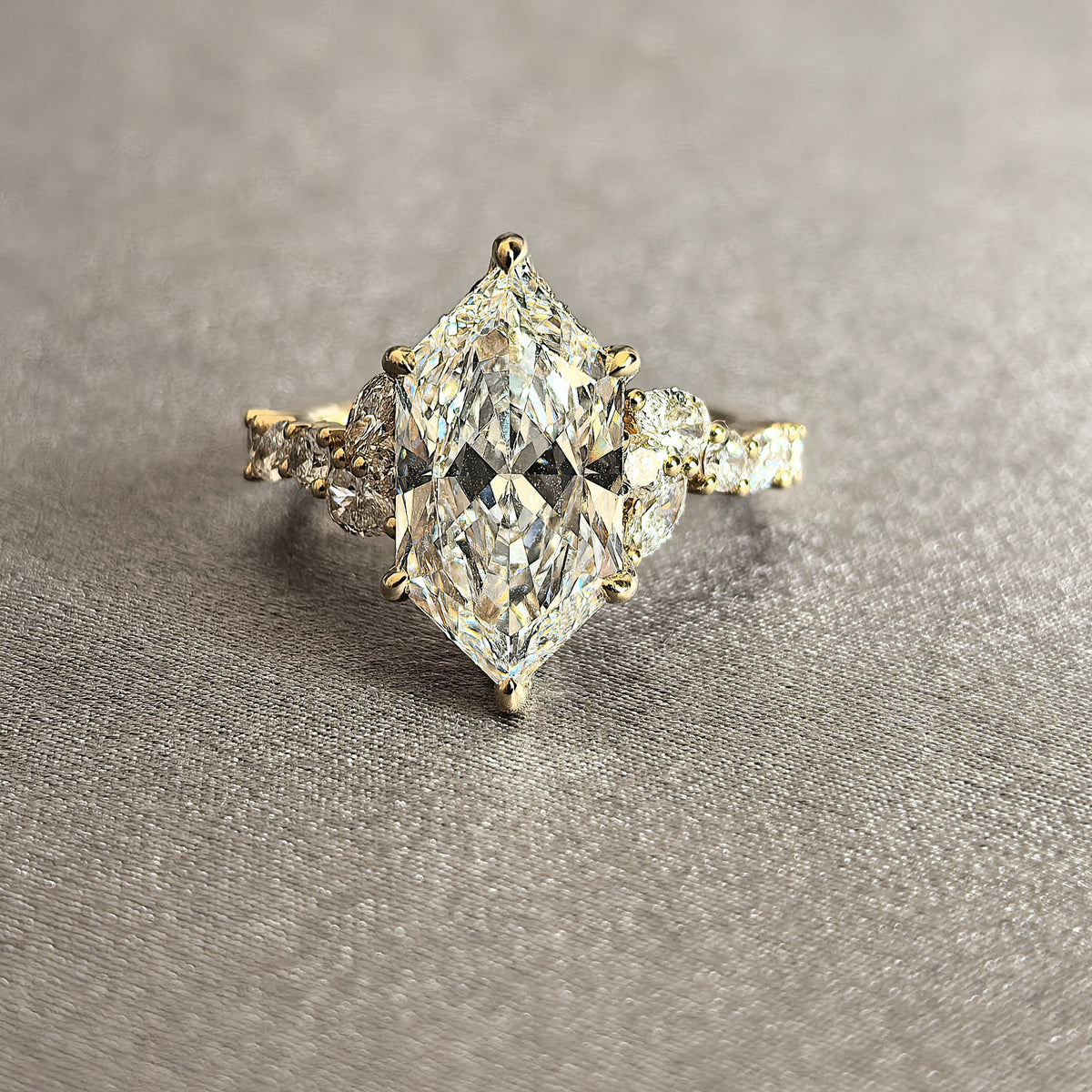 Juno Diamond MA-054 | 3 Carat Marquise-Cut Lab-Grown Diamond Halo Ring With Flanking Marquise Accents