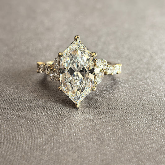 Juno Diamond MA-054 | 3 Carat Marquise-Cut Lab-Grown Diamond Halo Ring With Flanking Marquise Accents