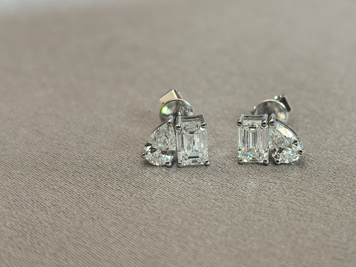 Juno Diamond E-035 | Emerald-Cut and Pear-Cut Two-Stone Lab-Grown Diamond White Gold Earrings