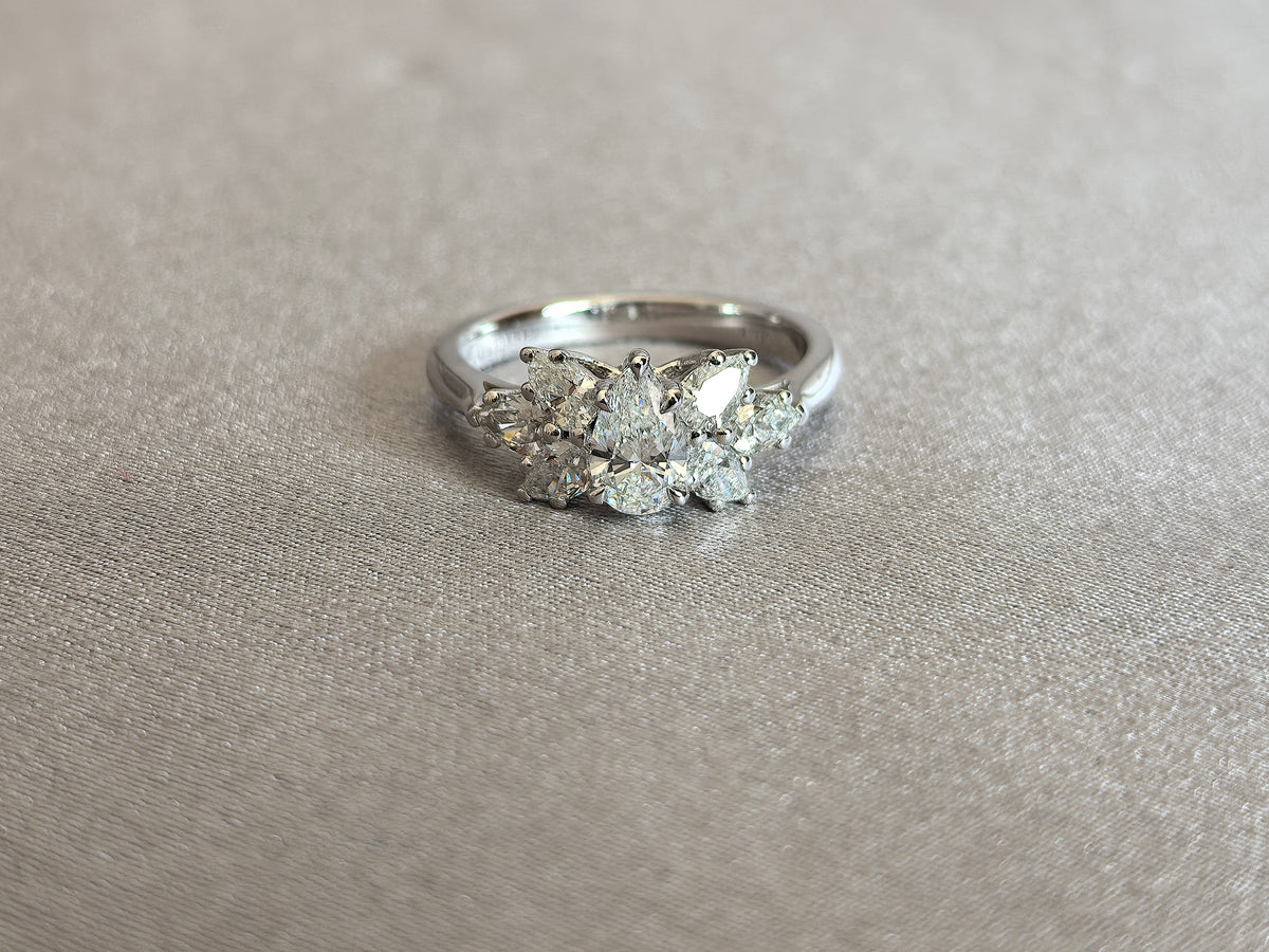 Juno Diamond PE-034 | Pear-Cut Lab-Grown Diamond Three-Stone Ring With Marquise Flankers and Round Accent Cascade