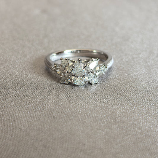Juno Diamond PE-034 | Pear-Cut Lab-Grown Diamond Three-Stone Ring With Marquise Flankers and Round Accent Cascade