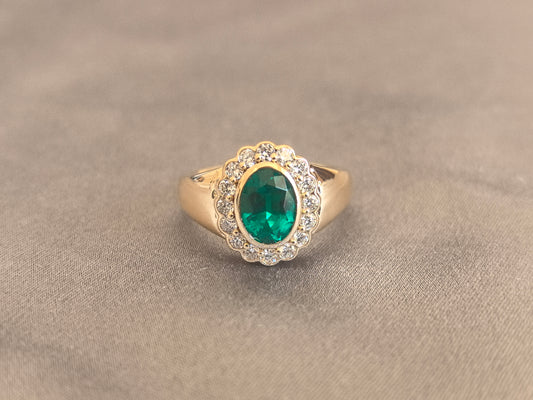 Juno Diamond OV-081 | Green Oval-Cut Lab-Grown Diamond 13-Stone Full Bezel Setting Halo Ring
