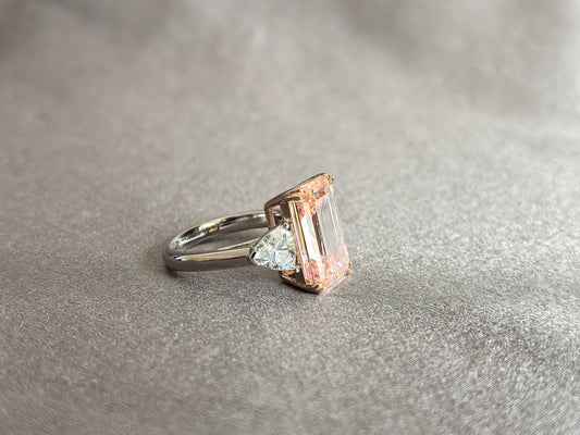 Juno Diamond EM-014 | Pink-Orange Emerald-Cut Lab-Grown Diamond Three-Stone Ring With Trillion Side Diamonds