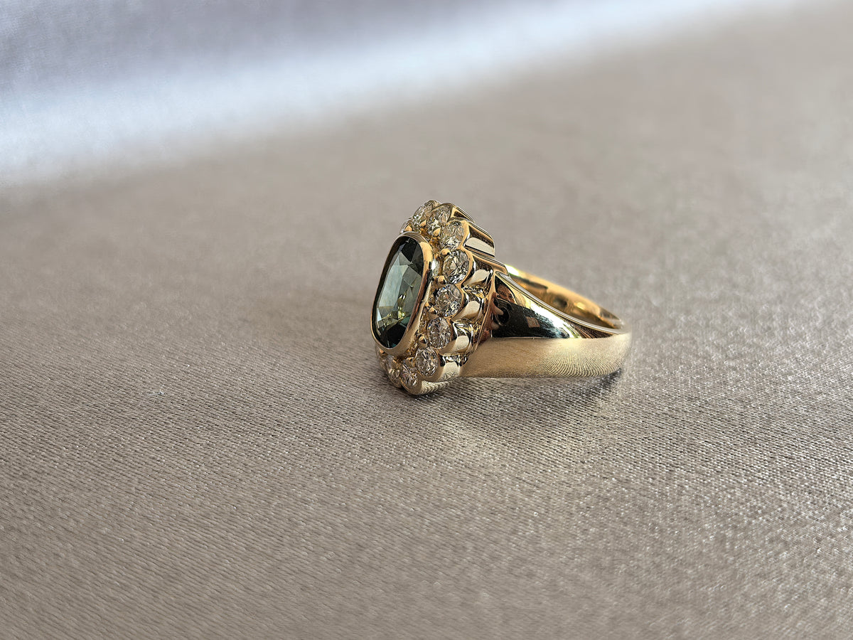 Juno Diamond CU-011 | 1 Carat Green Cushion-Cut Lab-Grown Diamond 13-Stone Full Bezel Setting Halo Ring