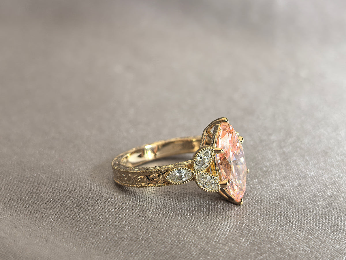 Juno Diamond MA-055 | 2 Carat Pink-Orange Marquise-Cut Lab-Grown Diamond Vintage Cluster Ring in Yellow Gold